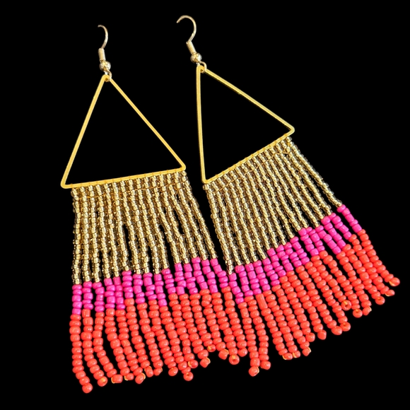 Jewelry - NWT - Handmade Gold and Pink Beaded Triangle Earrings